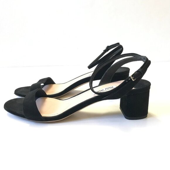 Miu Miu Ankle Wrap Strap Sandals Womens 38 8 Black Suede Shoes Block Heels Italy - Picture 7 of 11